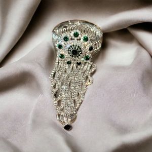 Silver emerald green rhinestones finger ring bracelet hand chain